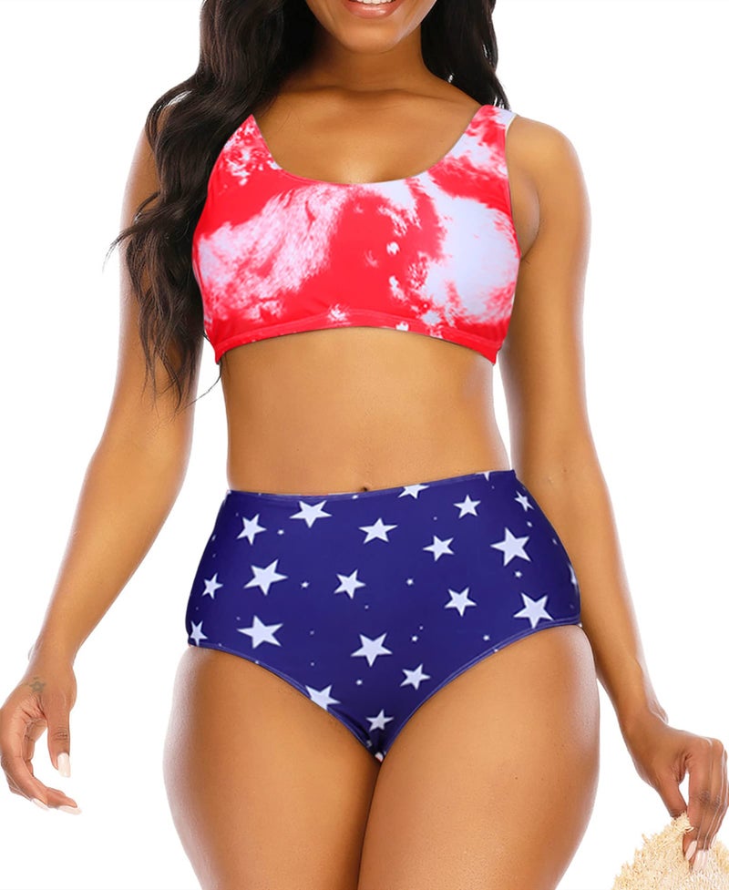 Adisputent Womens High Waisted Swimsuits Tie Dye Bandeau Top Rainbow Sports Style Low Scoop Crop Bikini Two Piece Bathing Suits,America Flag,XL - Image 3